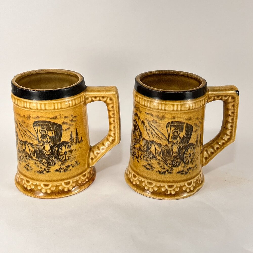 Vtg Horse Carriage Yellow Ware Ceramic Beer Mug Black Transferware Japan